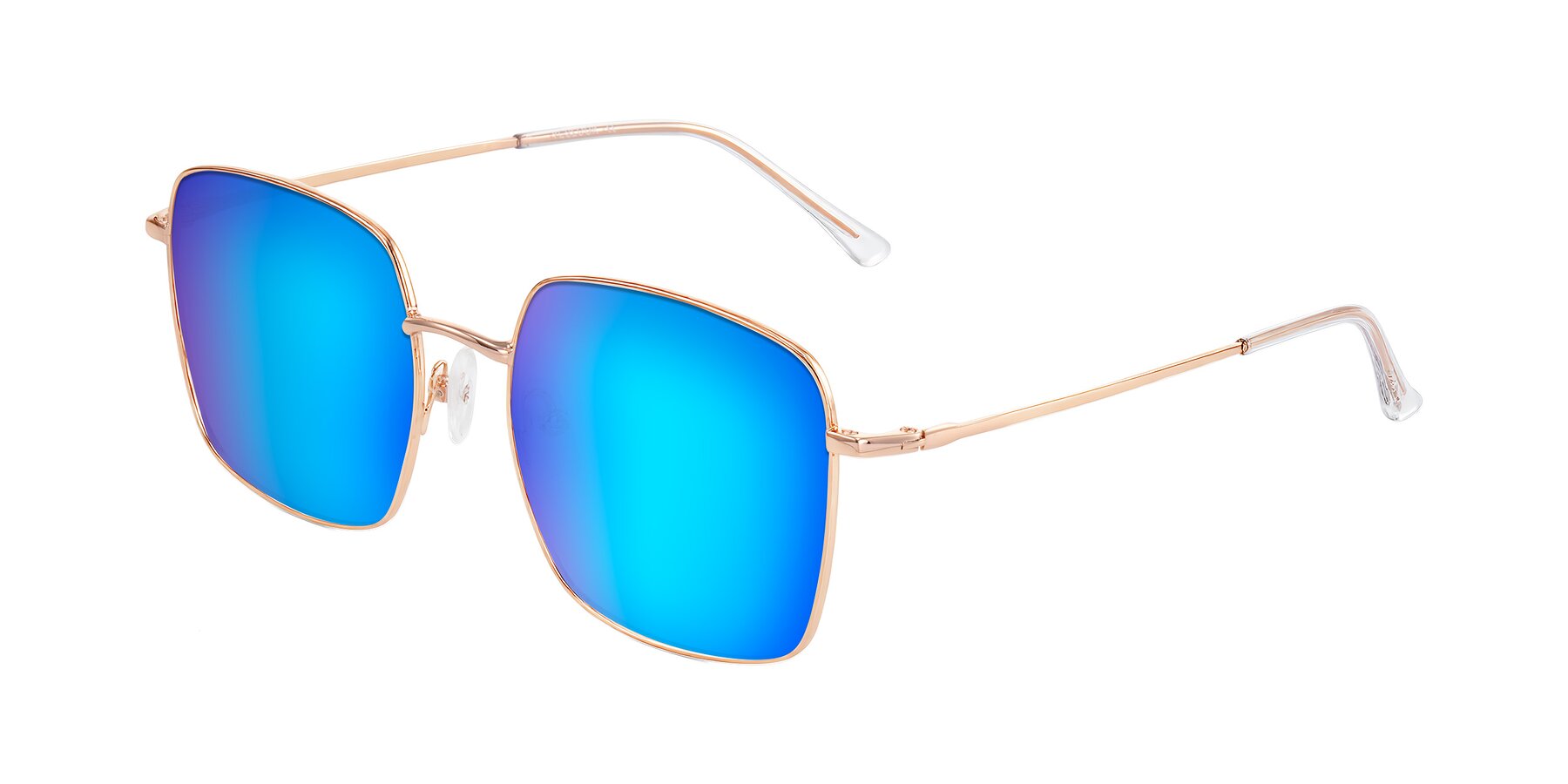 Angle of Billie in Rose Gold with Blue Mirrored Lenses