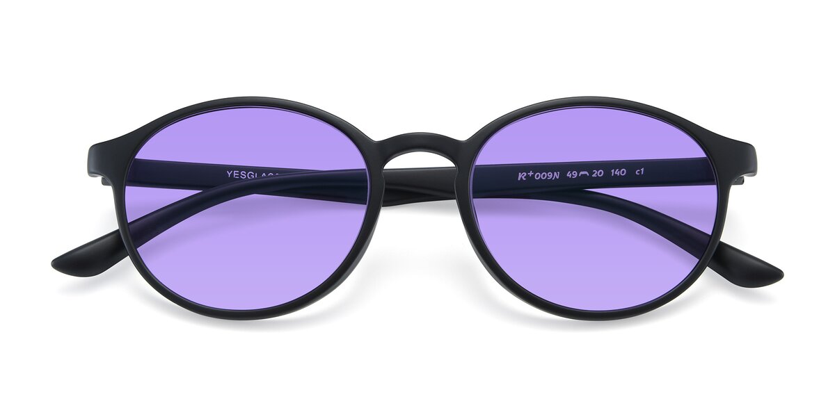 Matte Black Narrow Retro-Vintage Round Tinted Sunglasses with Medium