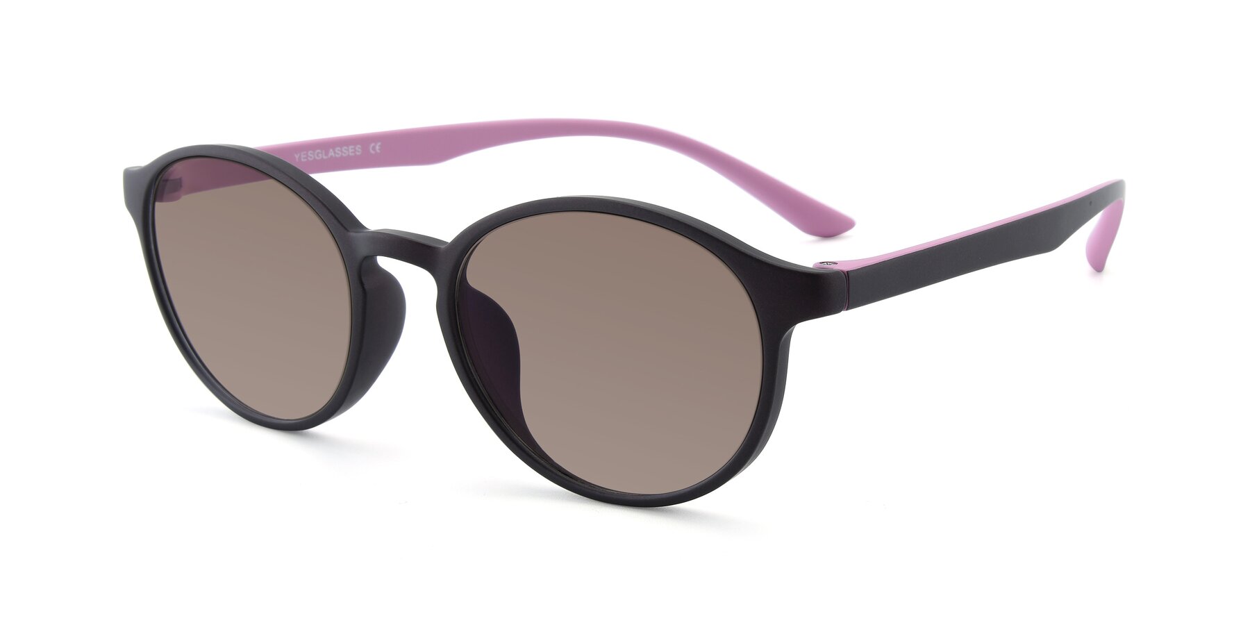 Angle of R+009N in Matte Coffee-Pink with Medium Brown Tinted Lenses