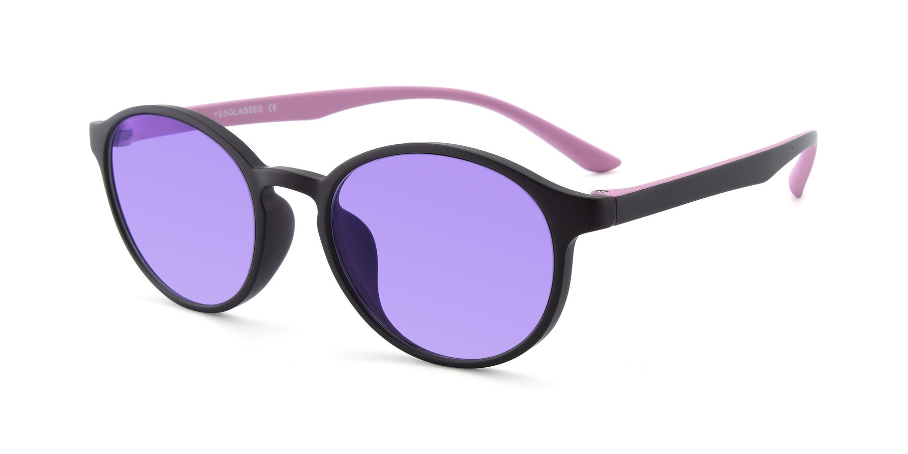 Angle of R+009N in Matte Coffee-Pink with Medium Purple Tinted Lenses