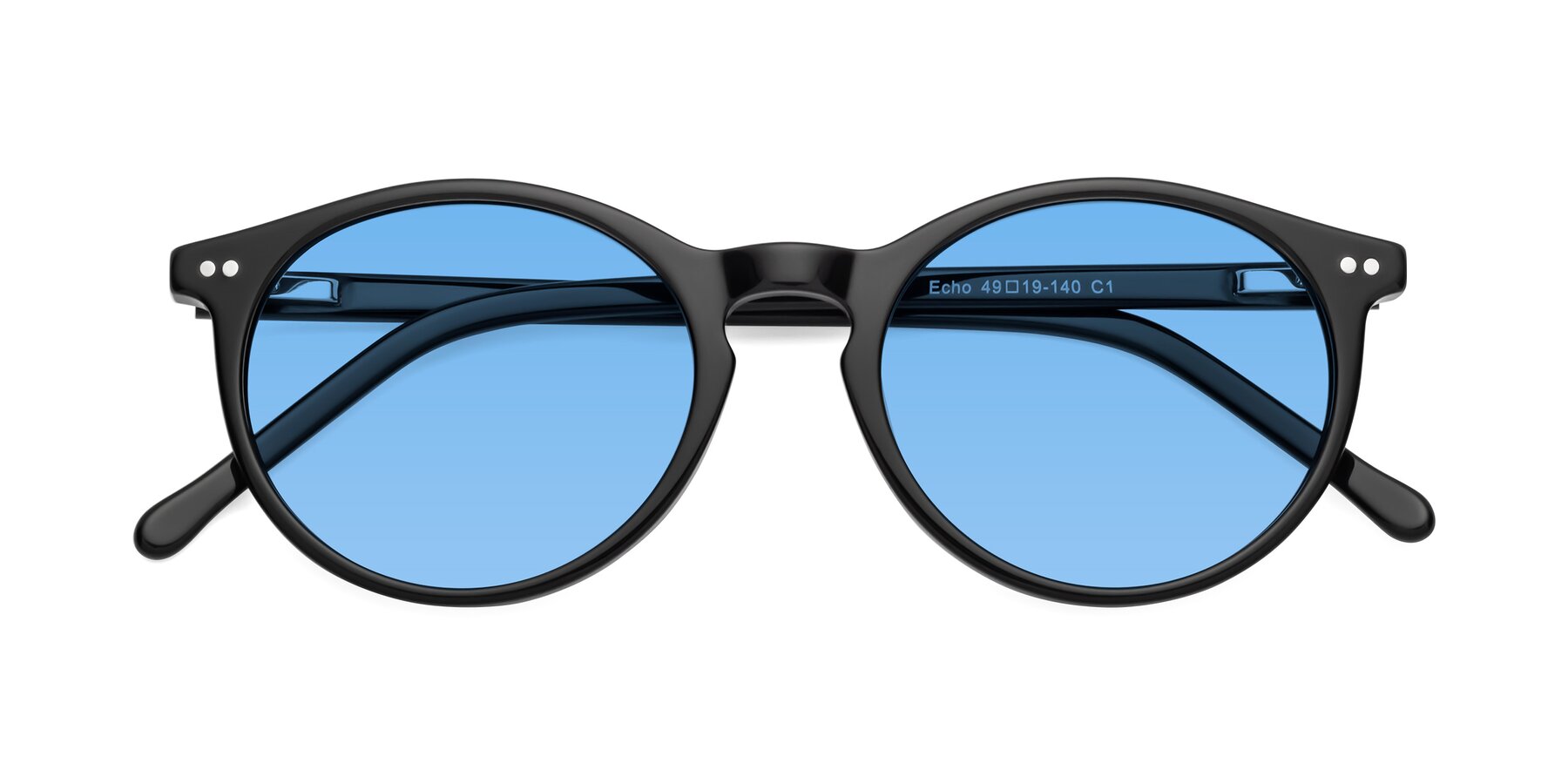 Folded Front of Echo in Black with Medium Blue Tinted Lenses