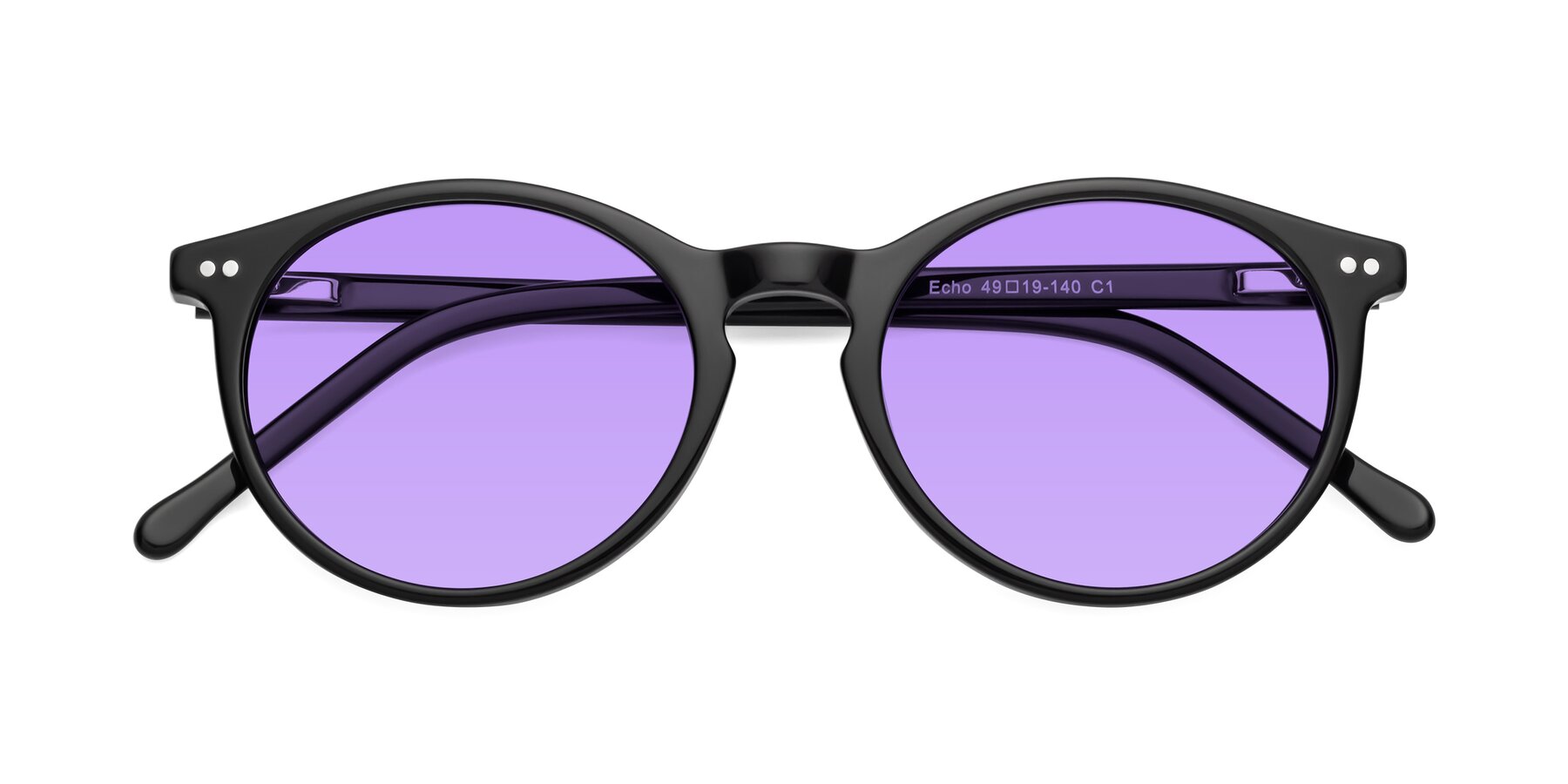Folded Front of Echo in Black with Medium Purple Tinted Lenses