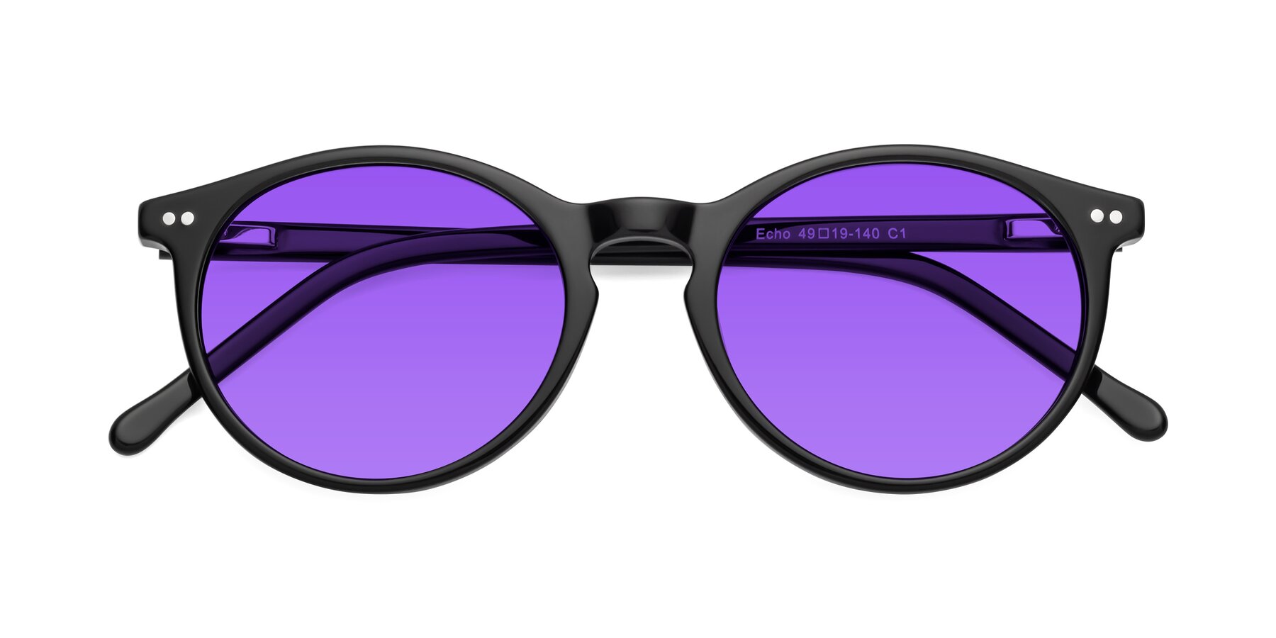 Folded Front of Echo in Black with Purple Tinted Lenses