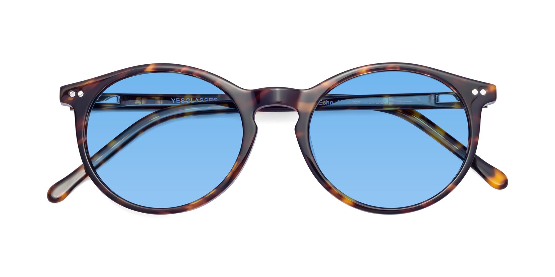Folded Front of Echo in Tortoise with Medium Blue Tinted Lenses