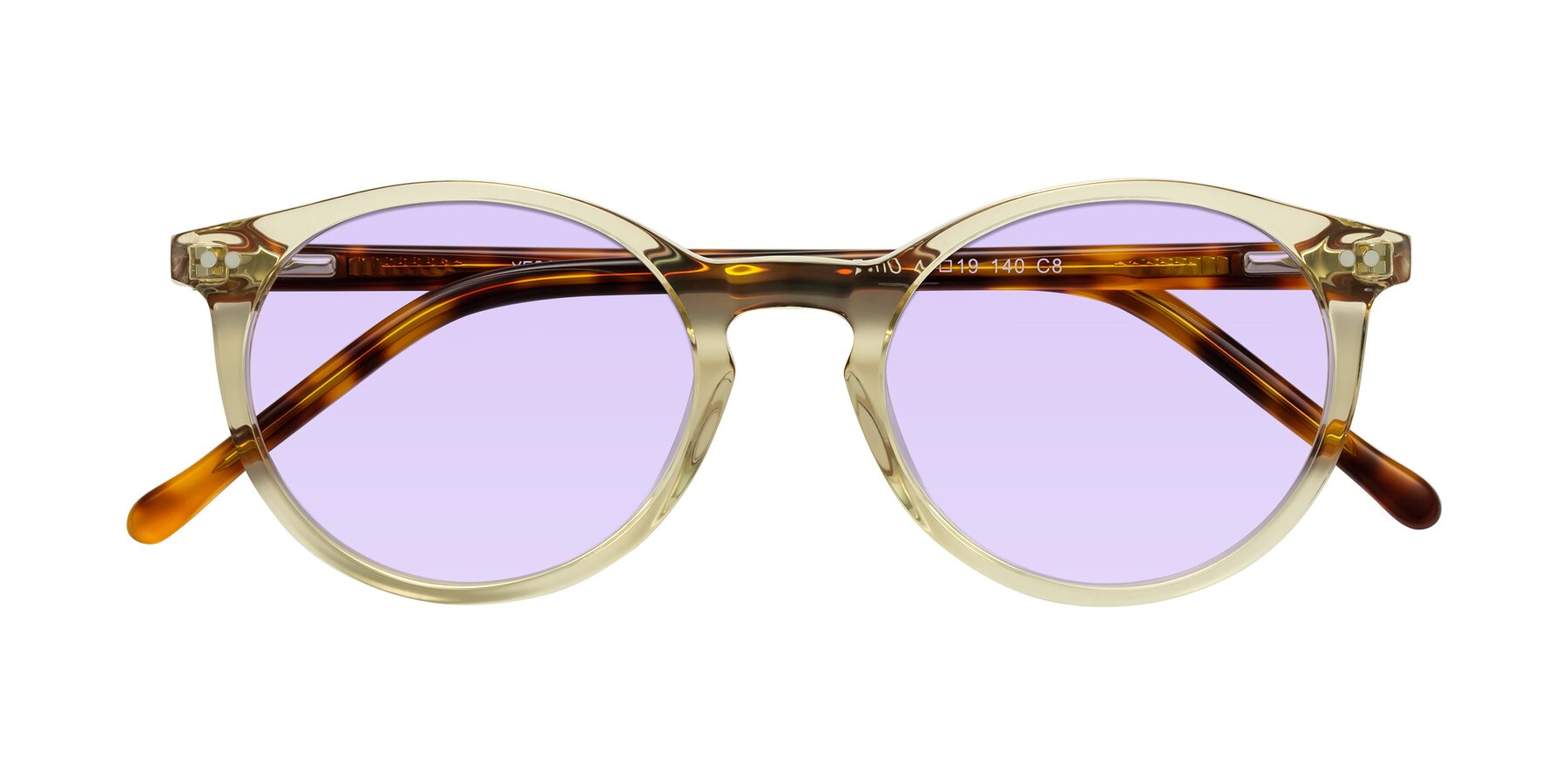 Folded Front of Echo in Champagne-Tortoise with Light Purple Tinted Lenses