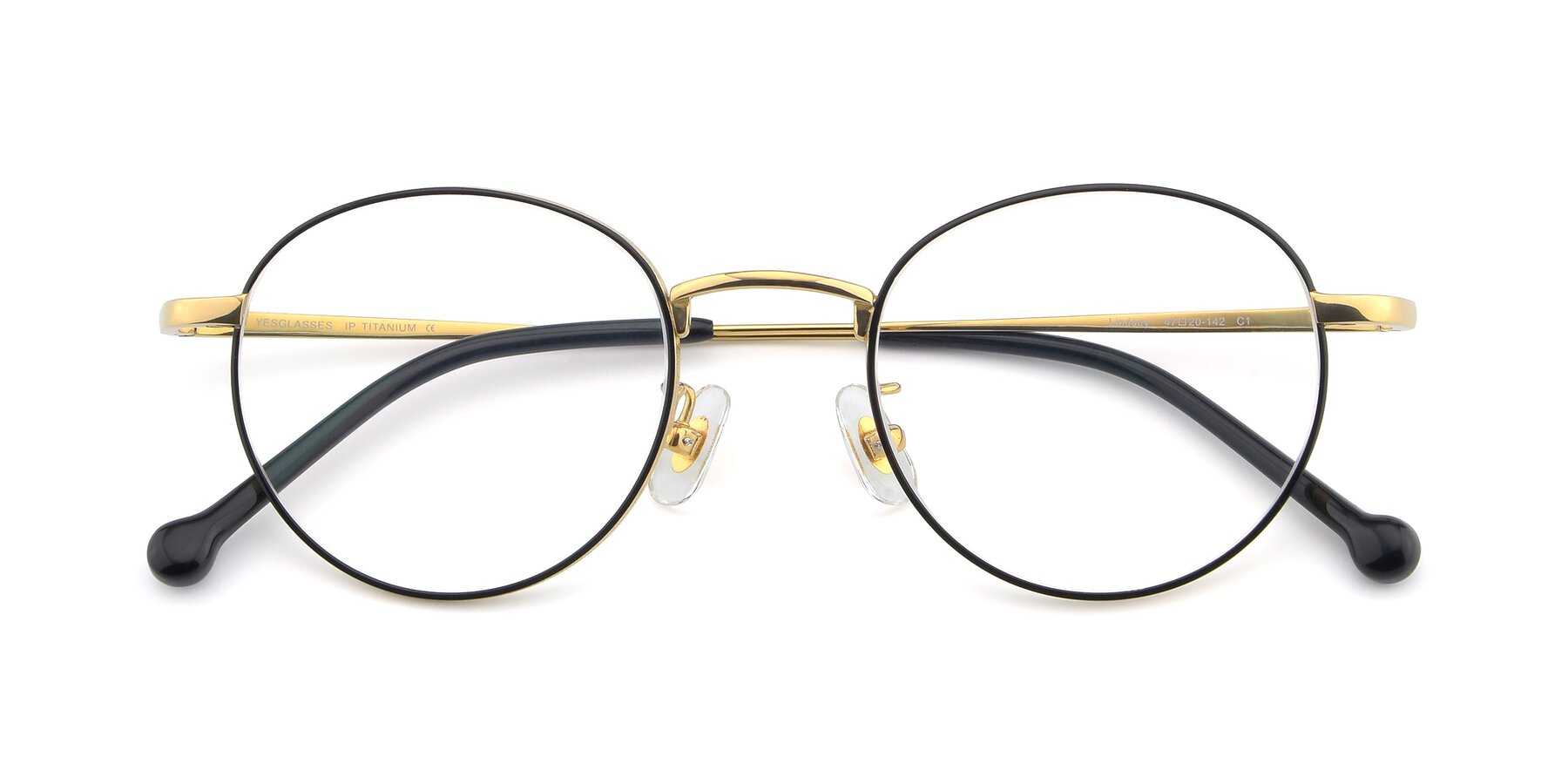 Folded Front of Lindsey in Black-Gold with Clear Reading Eyeglass Lenses