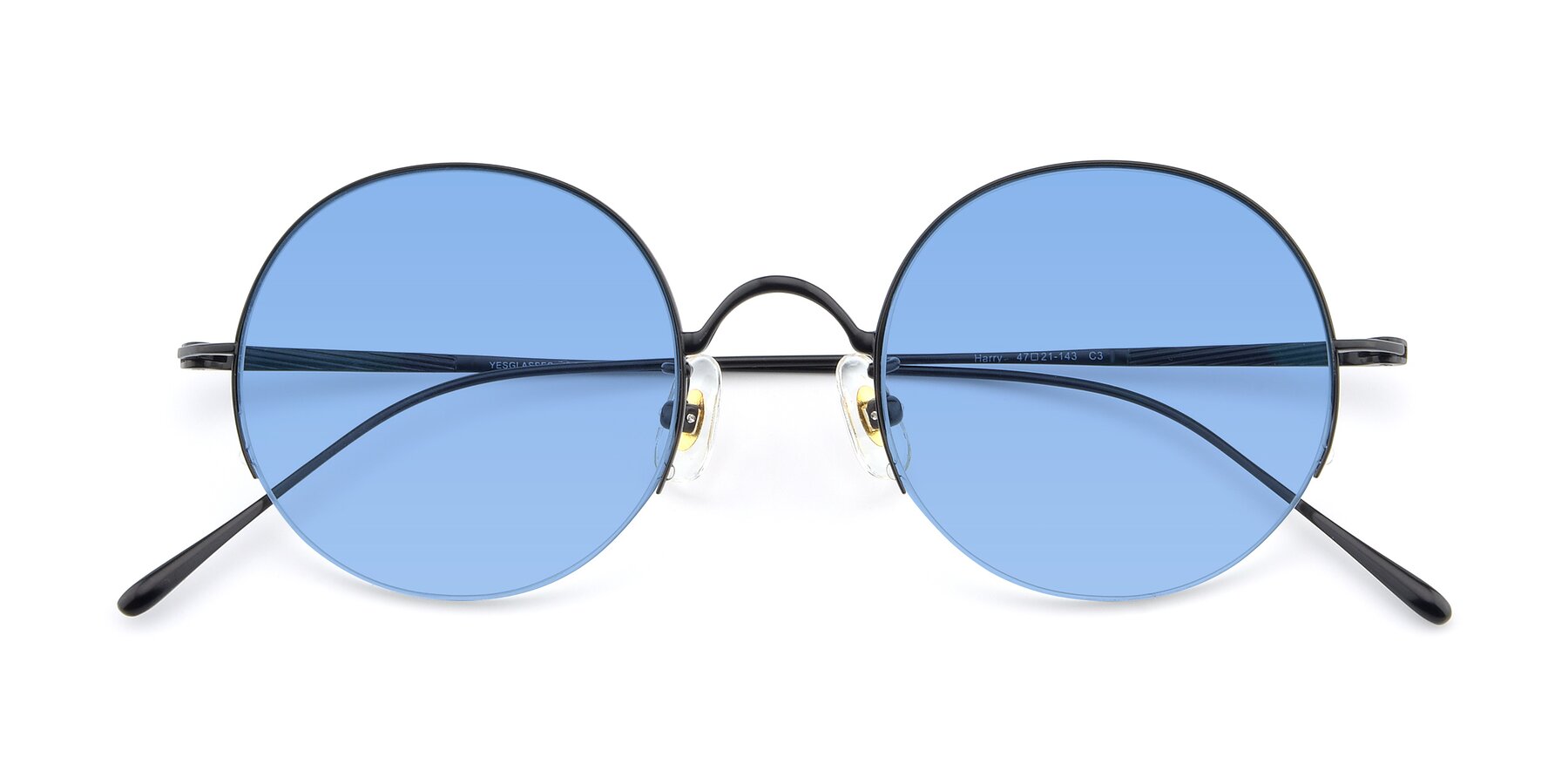 Folded Front of Harry in Matte Black with Medium Blue Tinted Lenses
