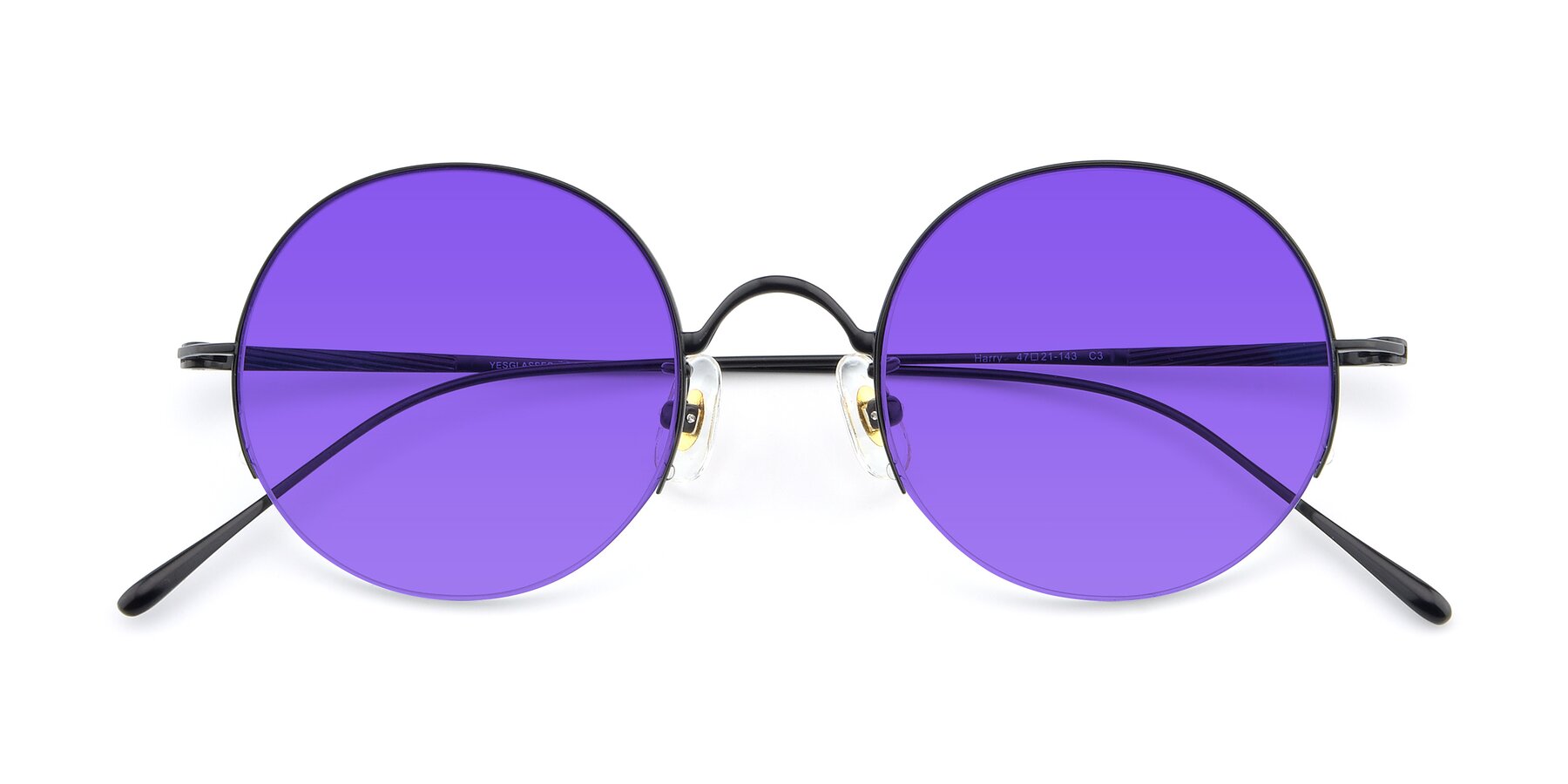 Folded Front of Harry in Matte Black with Purple Tinted Lenses