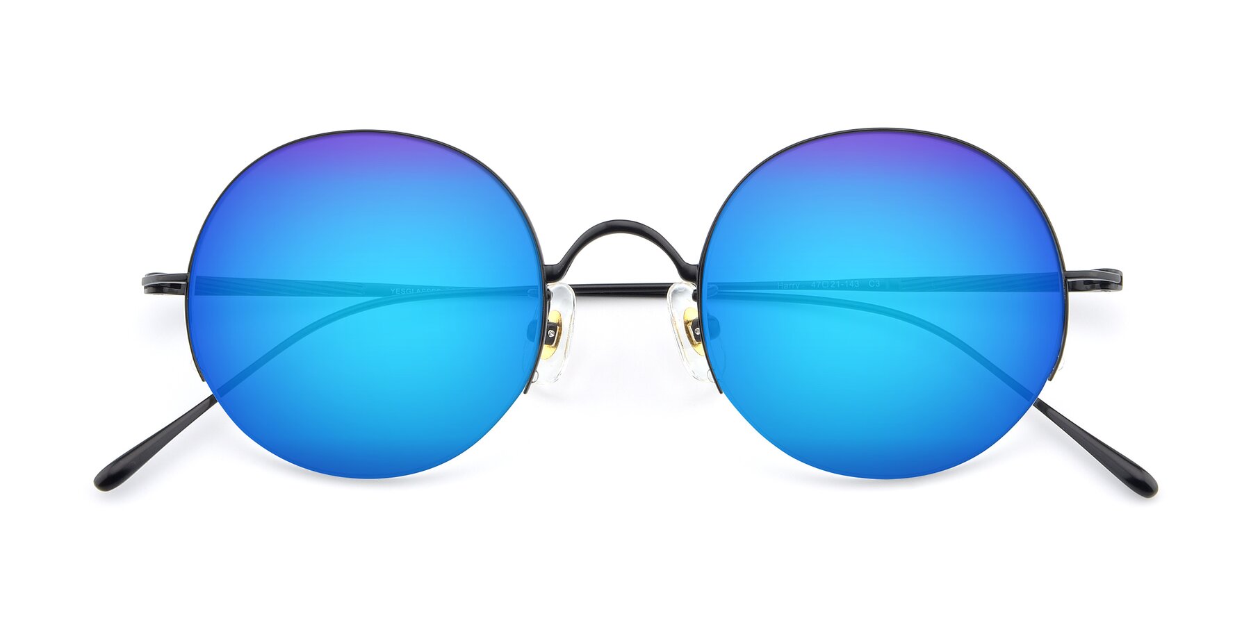 Folded Front of Harry in Matte Black with Blue Mirrored Lenses