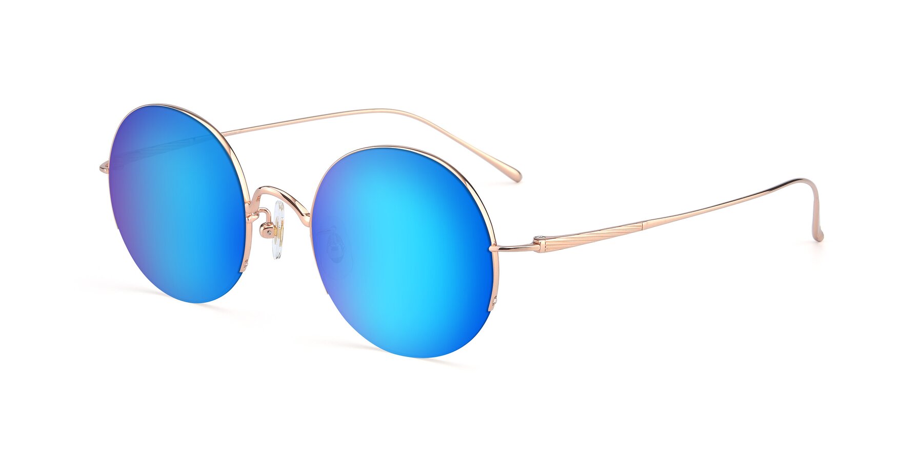 Angle of Harry in Rose Gold with Blue Mirrored Lenses