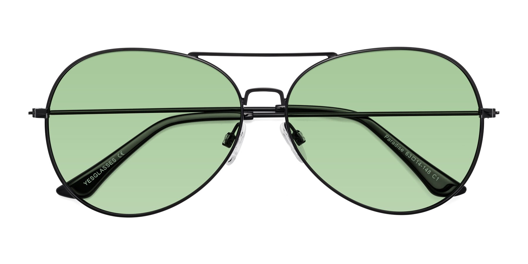 Folded Front of Paradise in Black with Medium Green Tinted Lenses