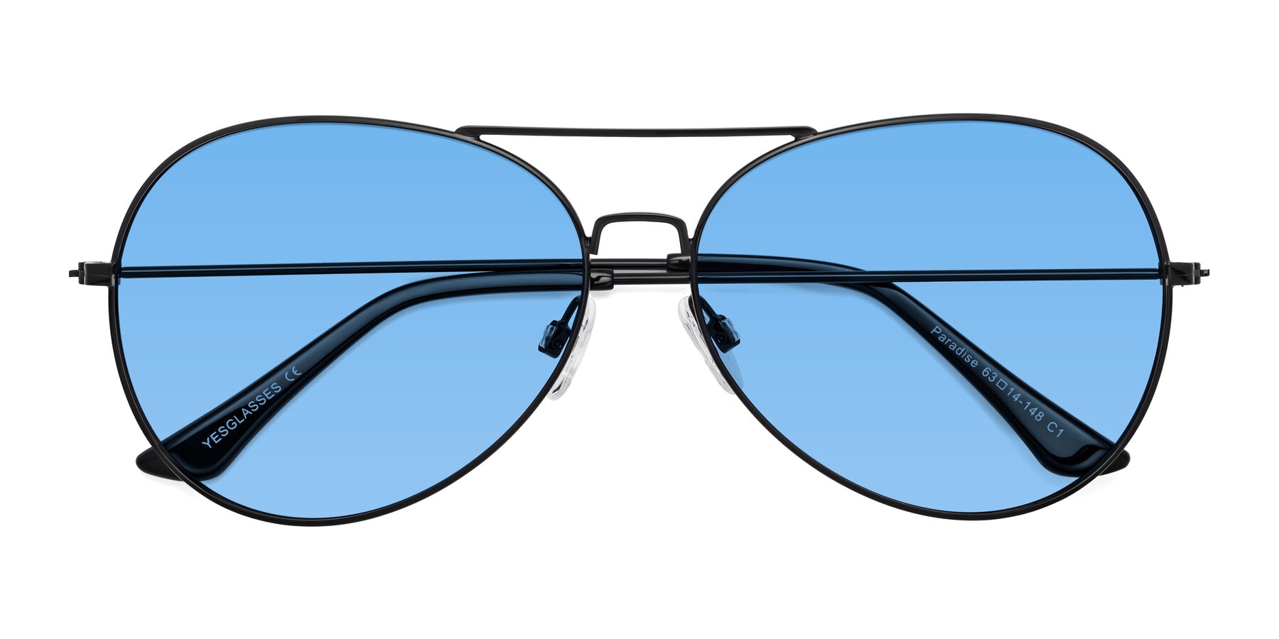 Folded Front of Paradise in Black with Medium Blue Tinted Lenses
