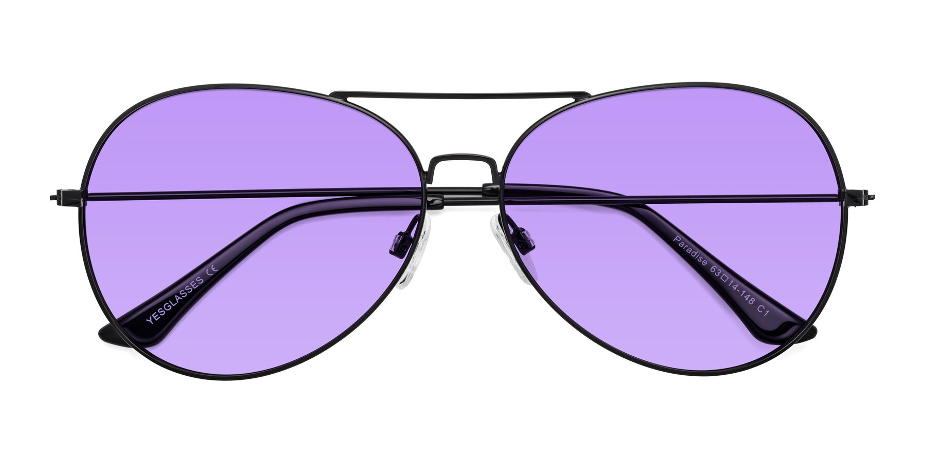Folded Front of Paradise in Black with Medium Purple Tinted Lenses