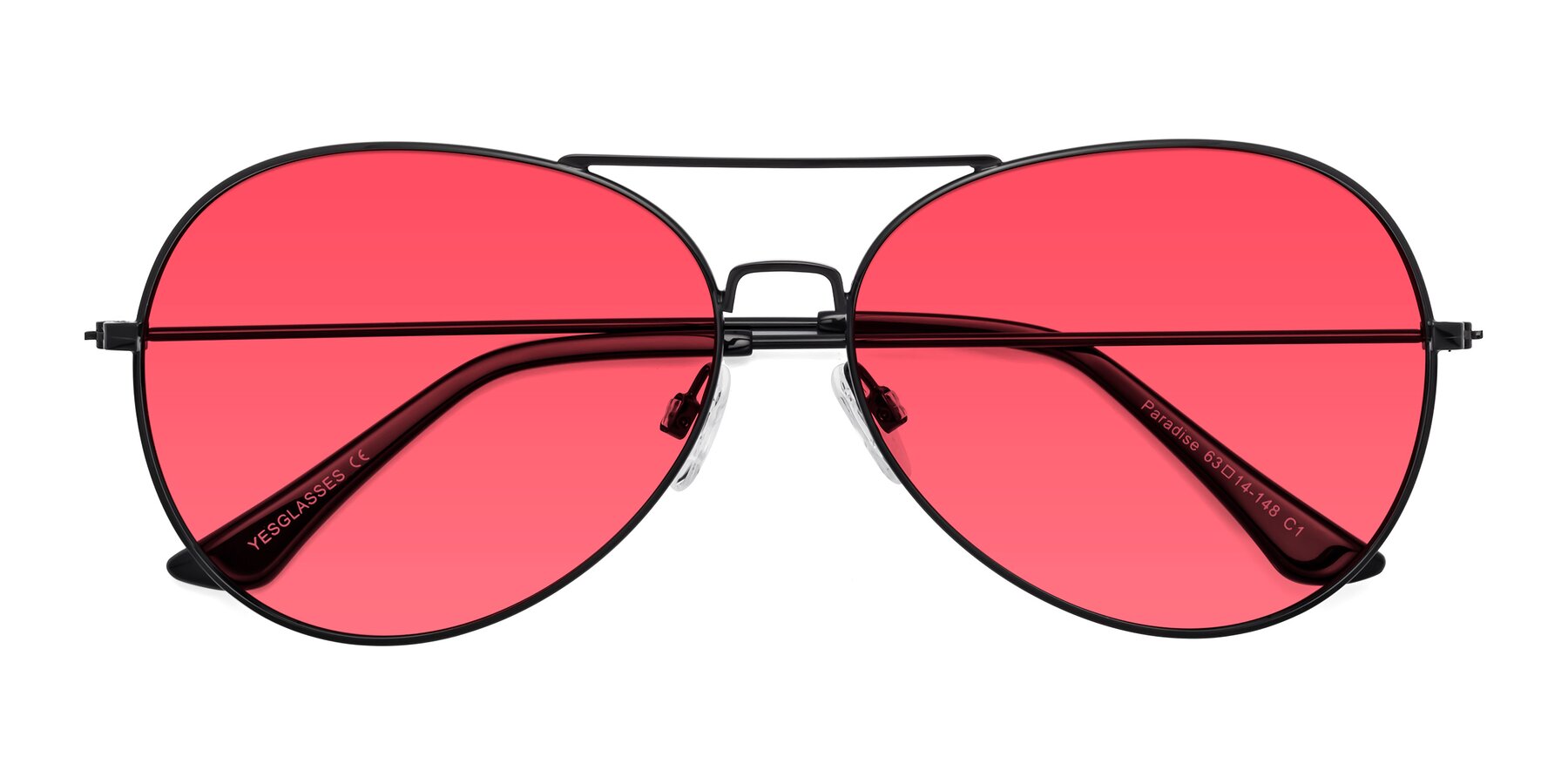 Folded Front of Paradise in Black with Red Tinted Lenses