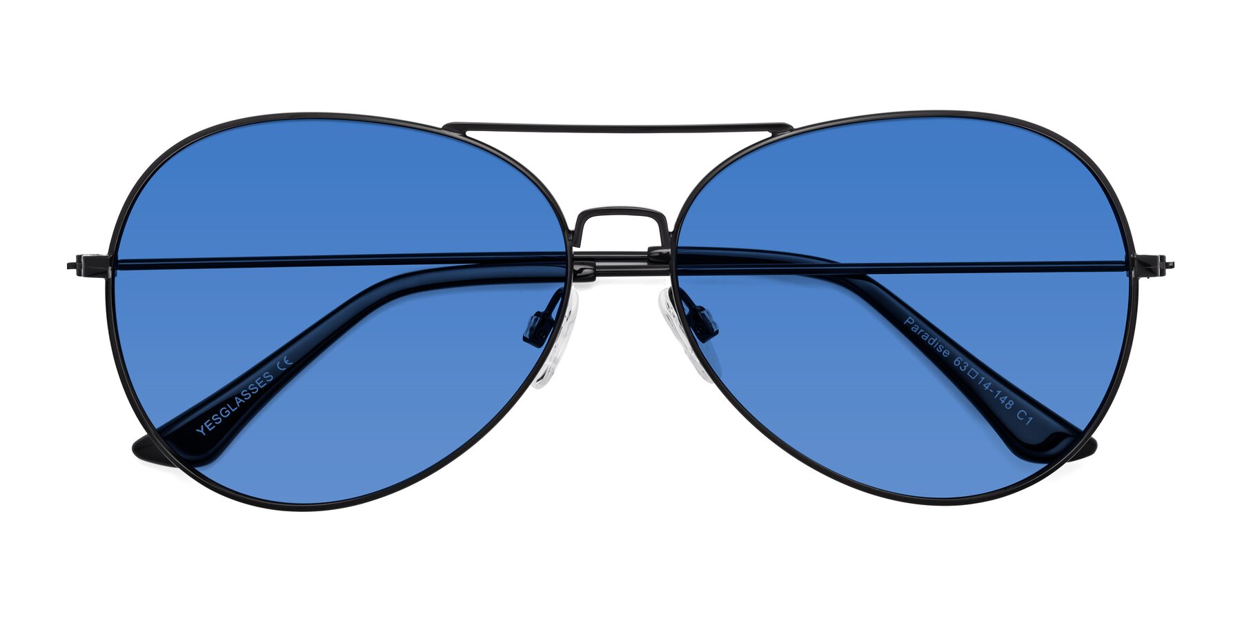 Folded Front of Paradise in Black with Blue Tinted Lenses