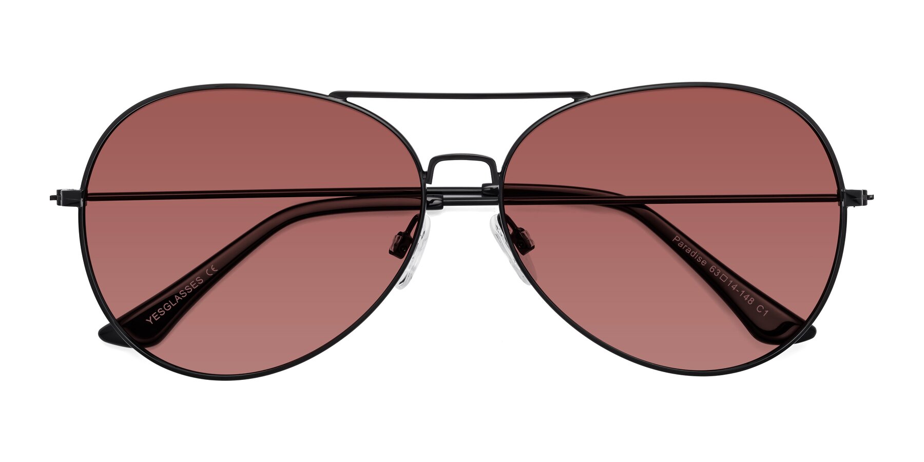 Folded Front of Paradise in Black with Garnet Tinted Lenses