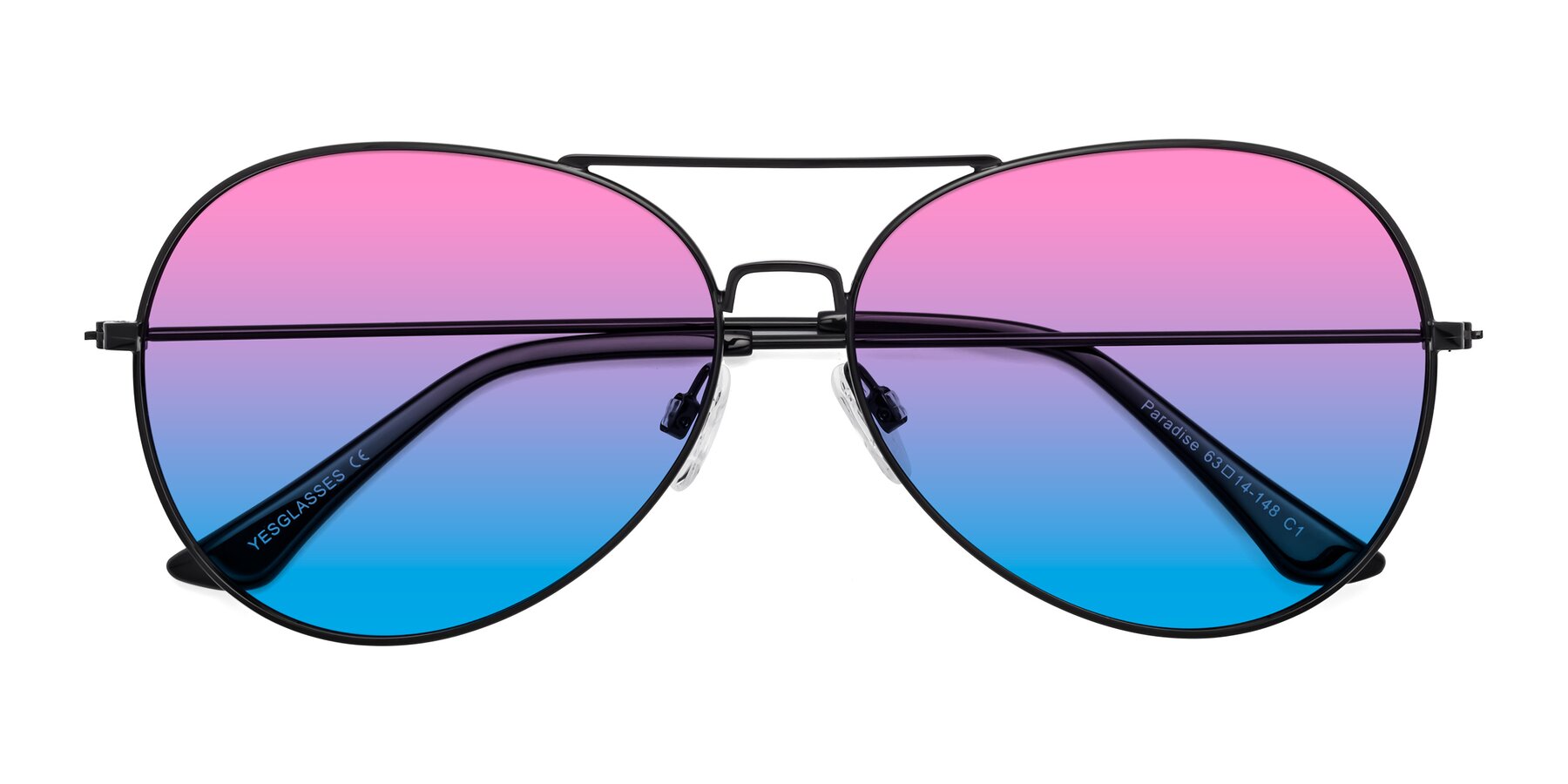 Folded Front of Paradise in Black with Pink / Blue Gradient Lenses