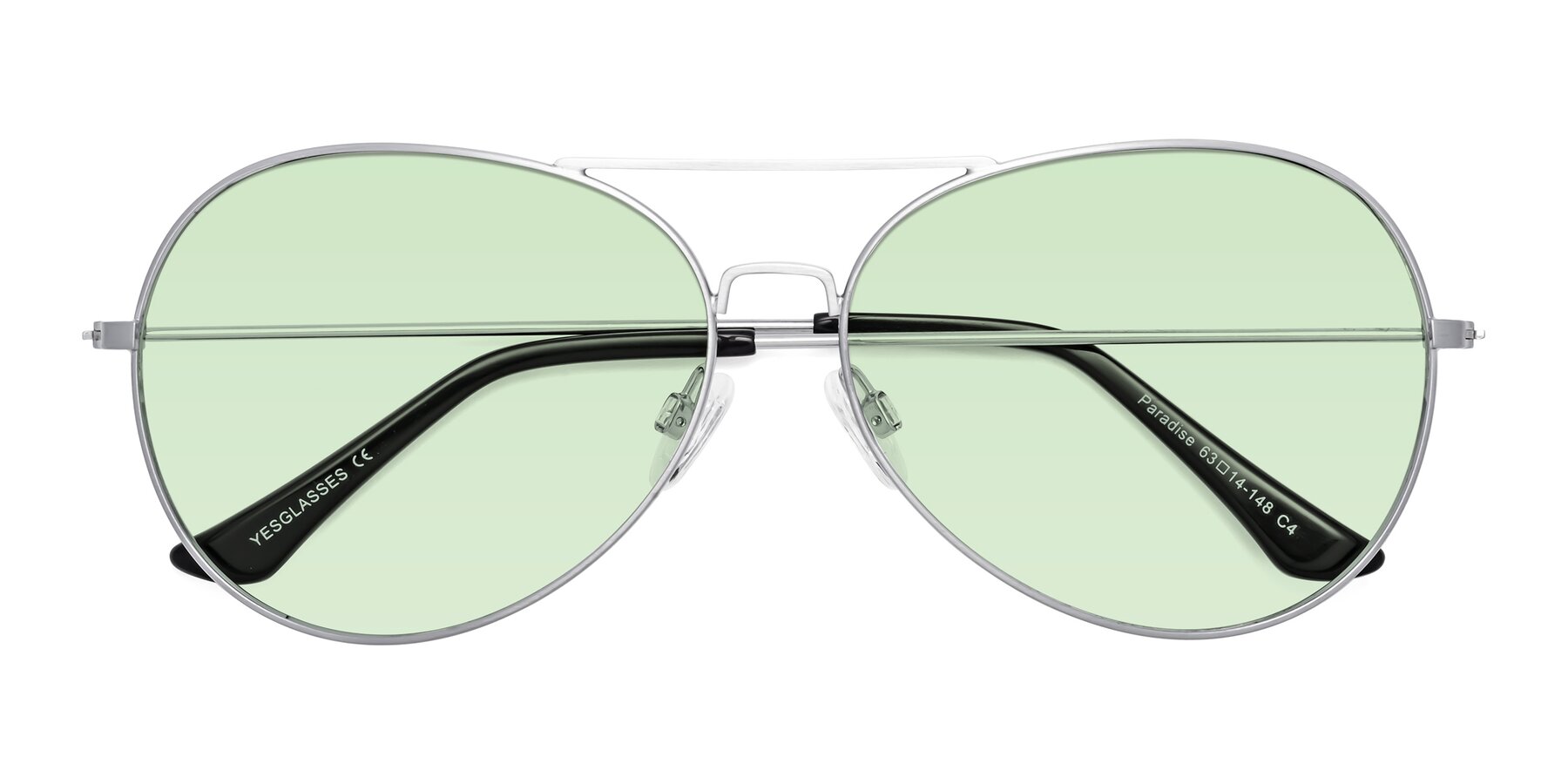 Folded Front of Paradise in Silver with Light Green Tinted Lenses