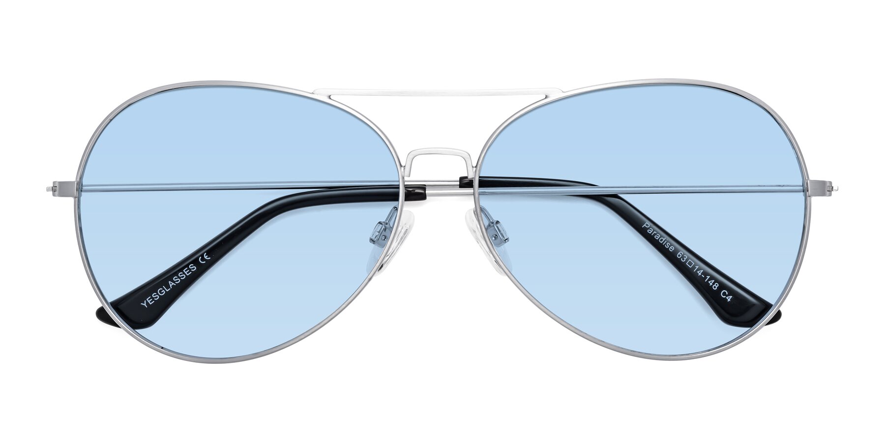 Folded Front of Paradise in Silver with Light Blue Tinted Lenses