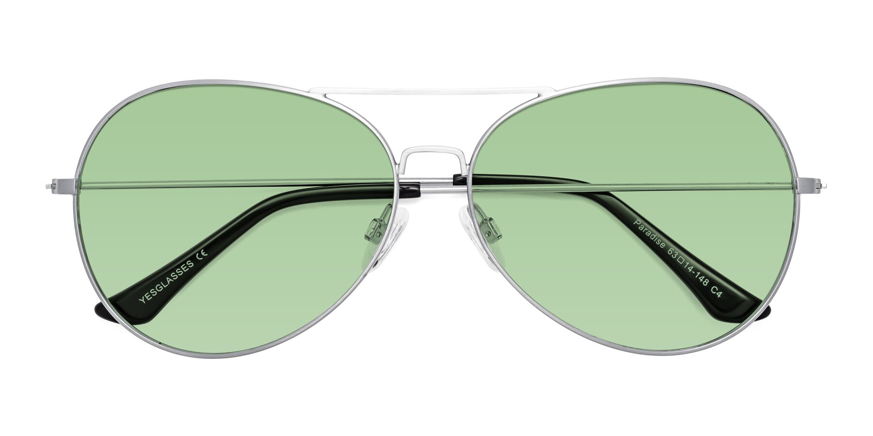 Folded Front of Paradise in Silver with Medium Green Tinted Lenses
