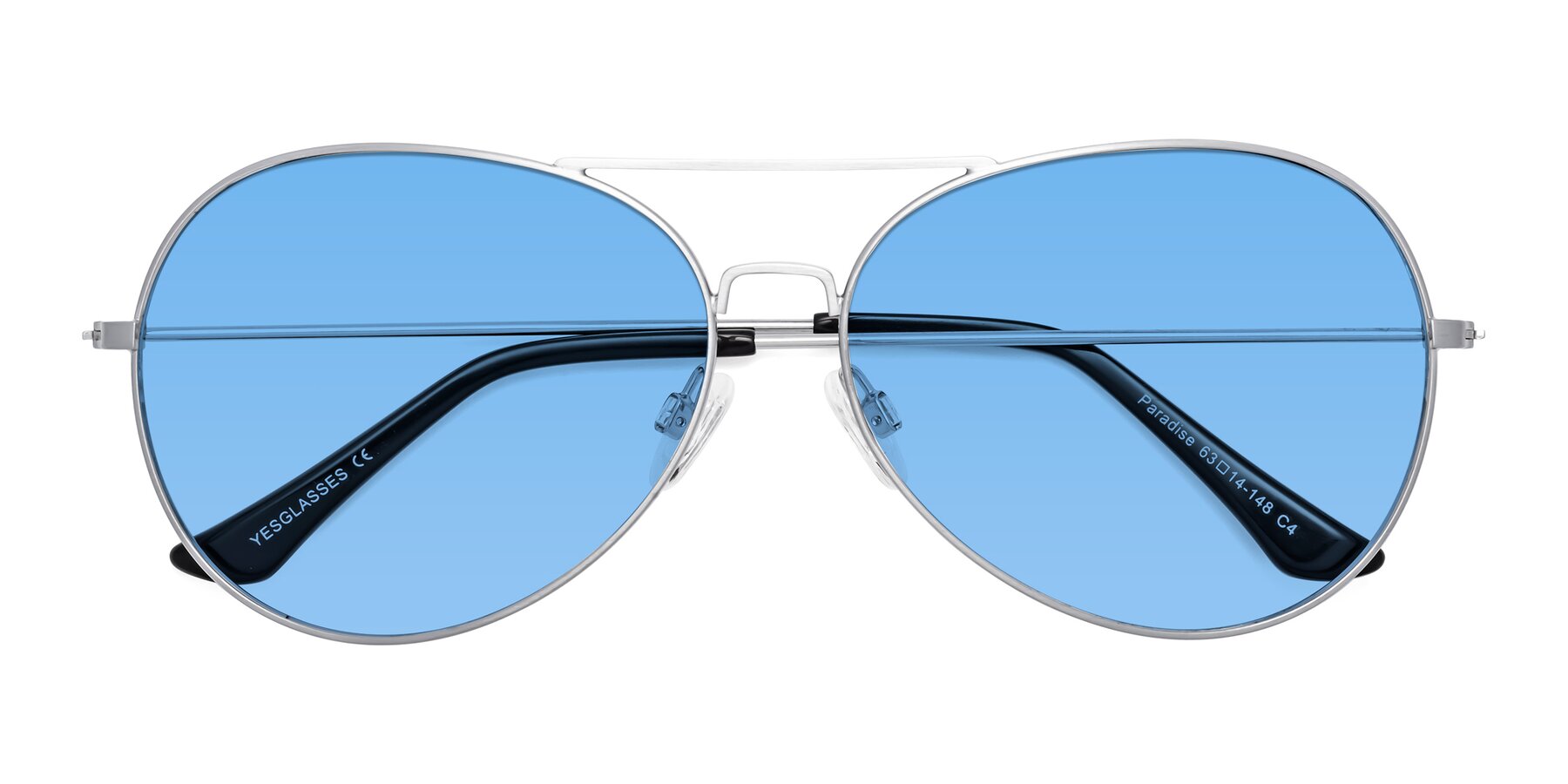 Folded Front of Paradise in Silver with Medium Blue Tinted Lenses