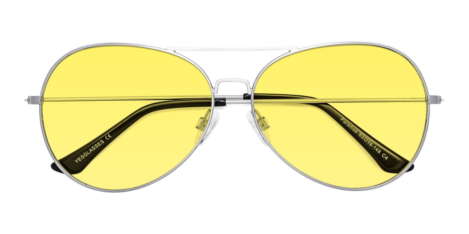 Folded Front of Paradise in Silver with Medium Yellow Tinted Lenses