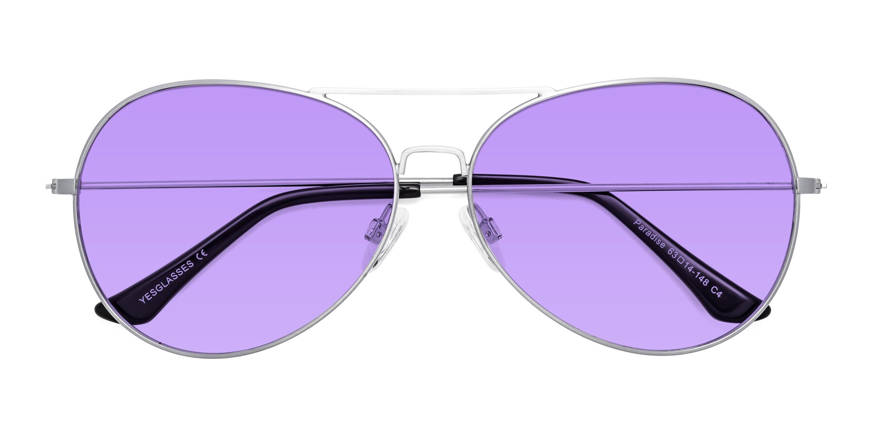 Folded Front of Paradise in Silver with Medium Purple Tinted Lenses