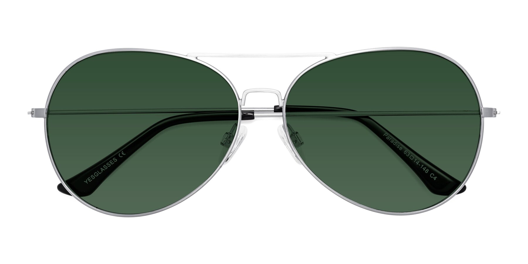 Folded Front of Paradise in Silver with Green Tinted Lenses