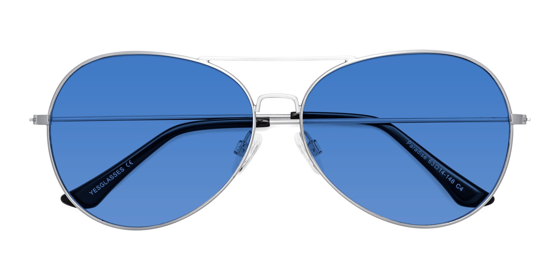 Folded Front of Paradise in Silver with Blue Tinted Lenses
