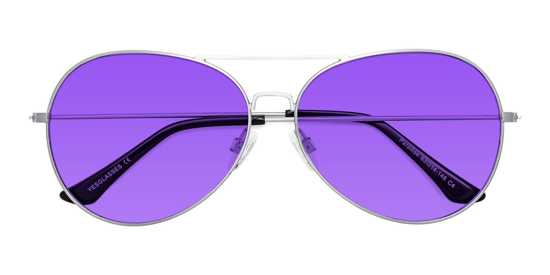 Folded Front of Paradise in Silver with Purple Tinted Lenses