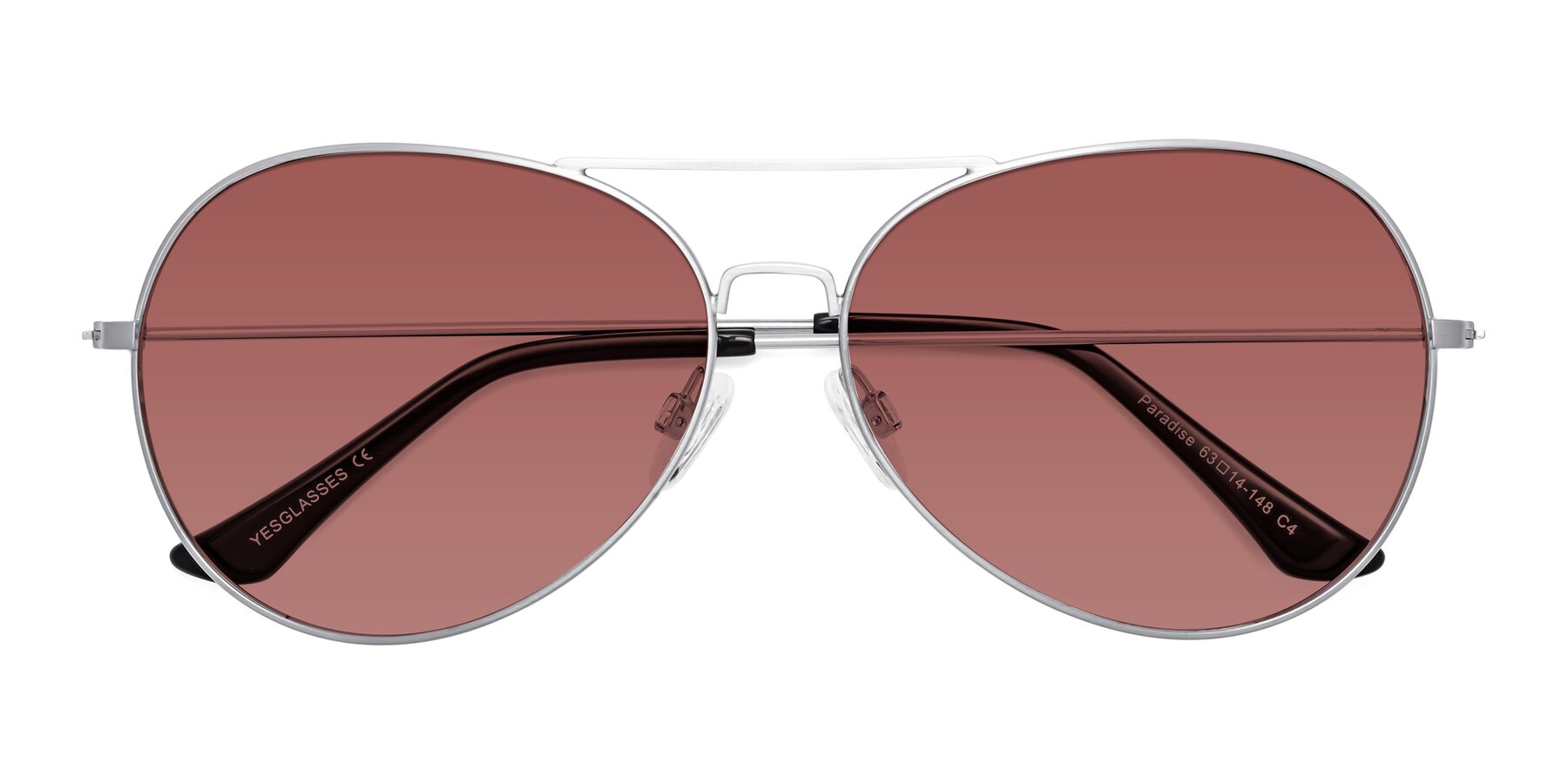 Folded Front of Paradise in Silver with Garnet Tinted Lenses