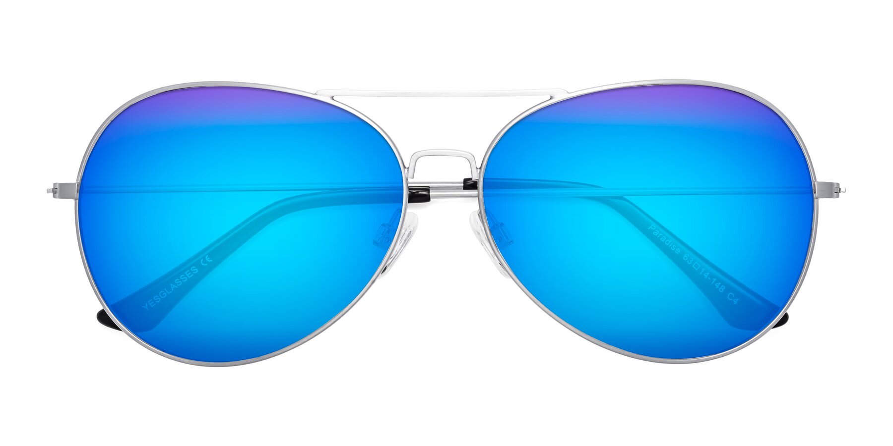 Folded Front of Paradise in Silver with Blue Mirrored Lenses