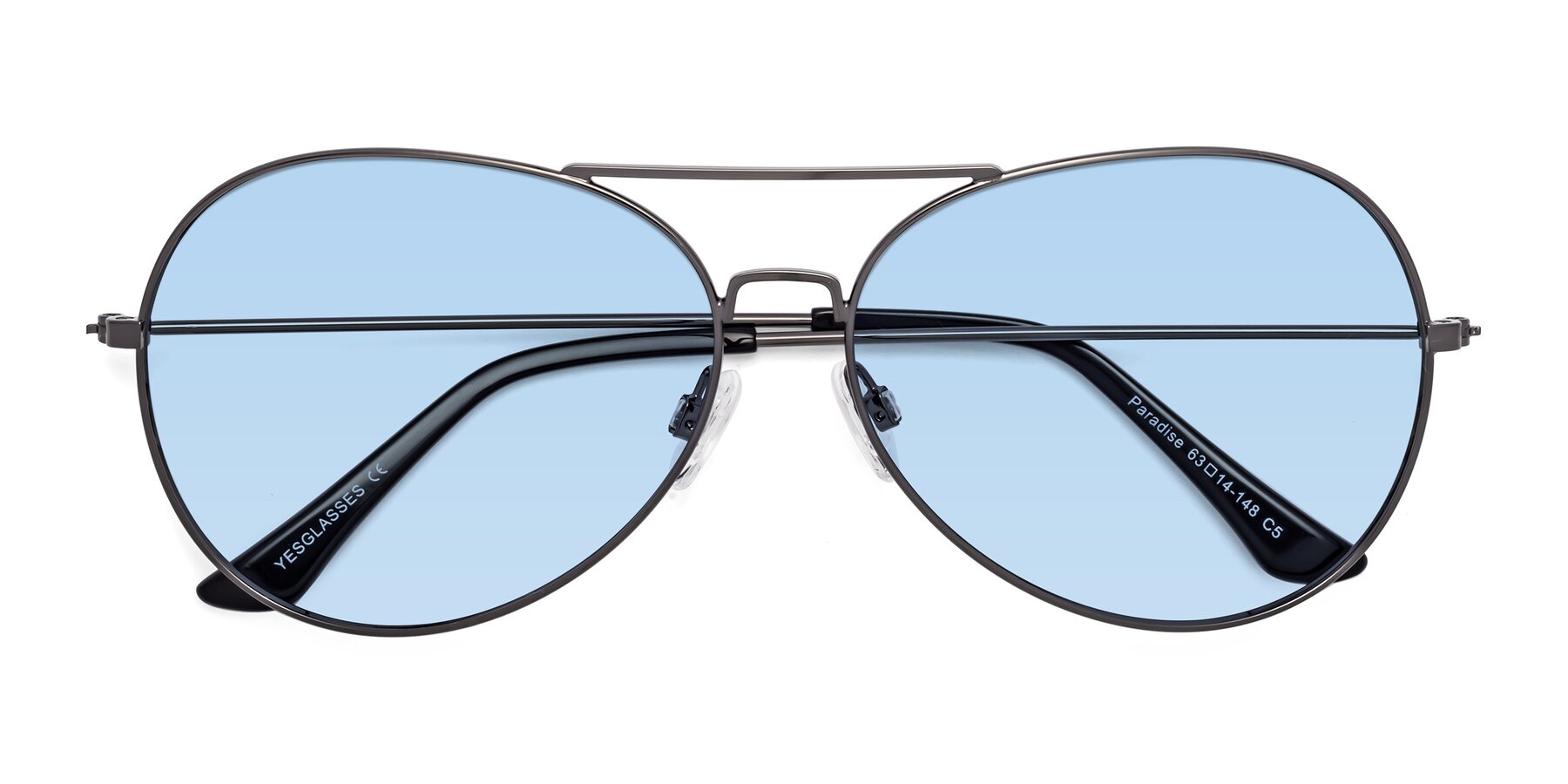Folded Front of Paradise in Gunmetal with Light Blue Tinted Lenses