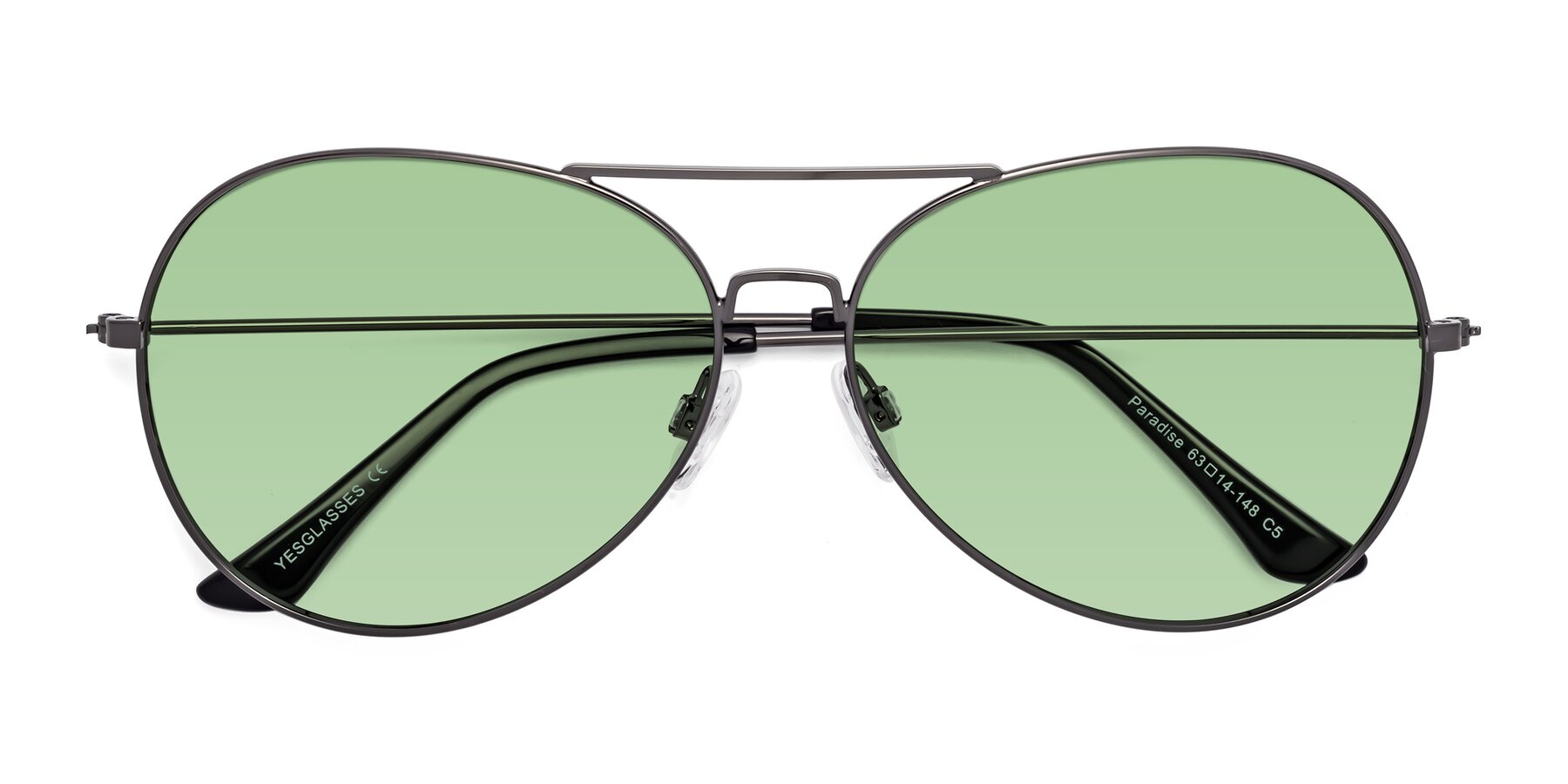 Folded Front of Paradise in Gunmetal with Medium Green Tinted Lenses