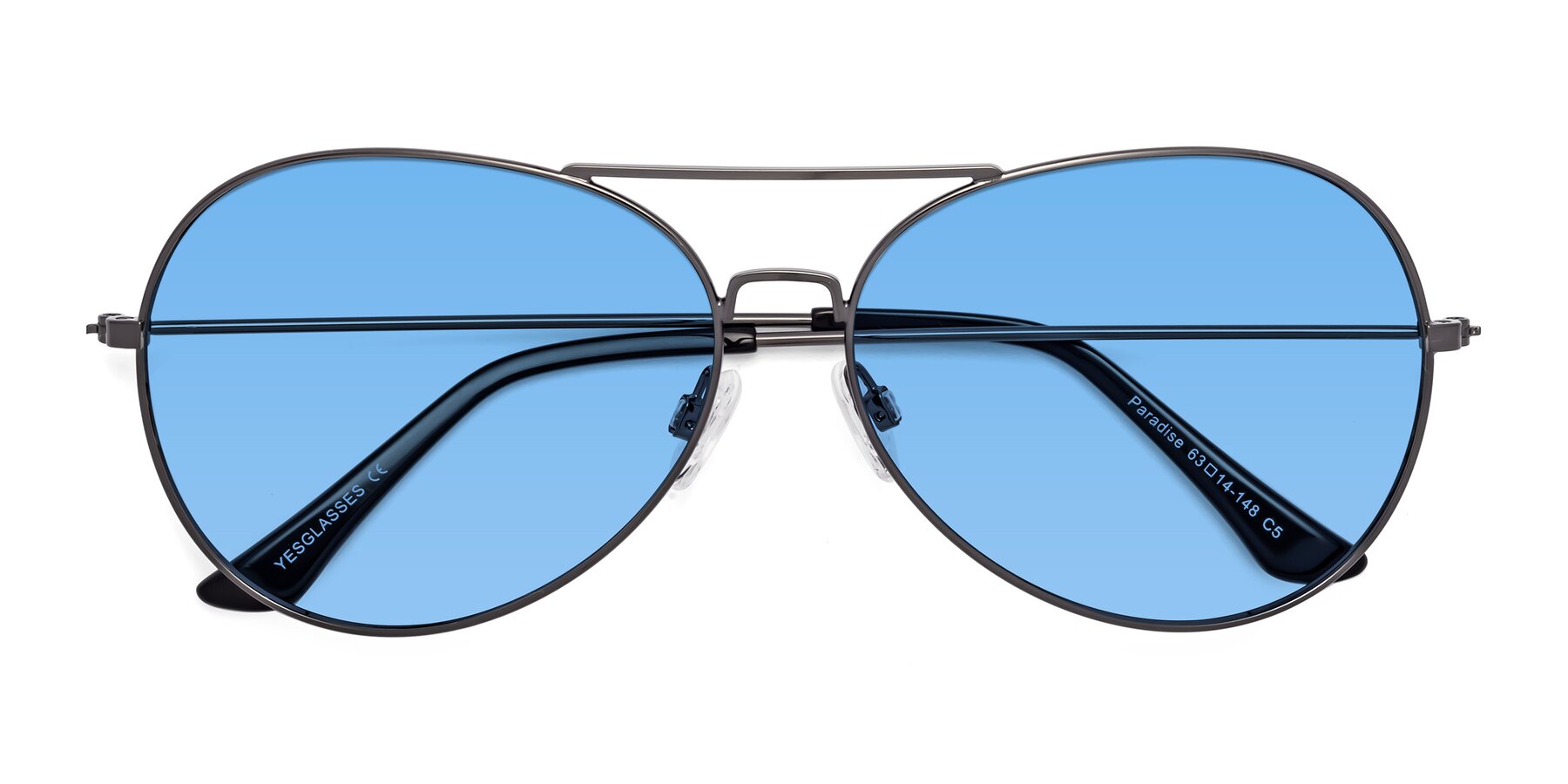 Folded Front of Paradise in Gunmetal with Medium Blue Tinted Lenses