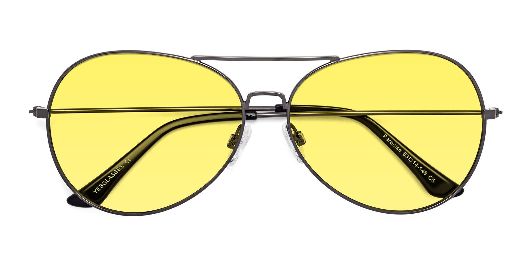 Folded Front of Paradise in Gunmetal with Medium Yellow Tinted Lenses