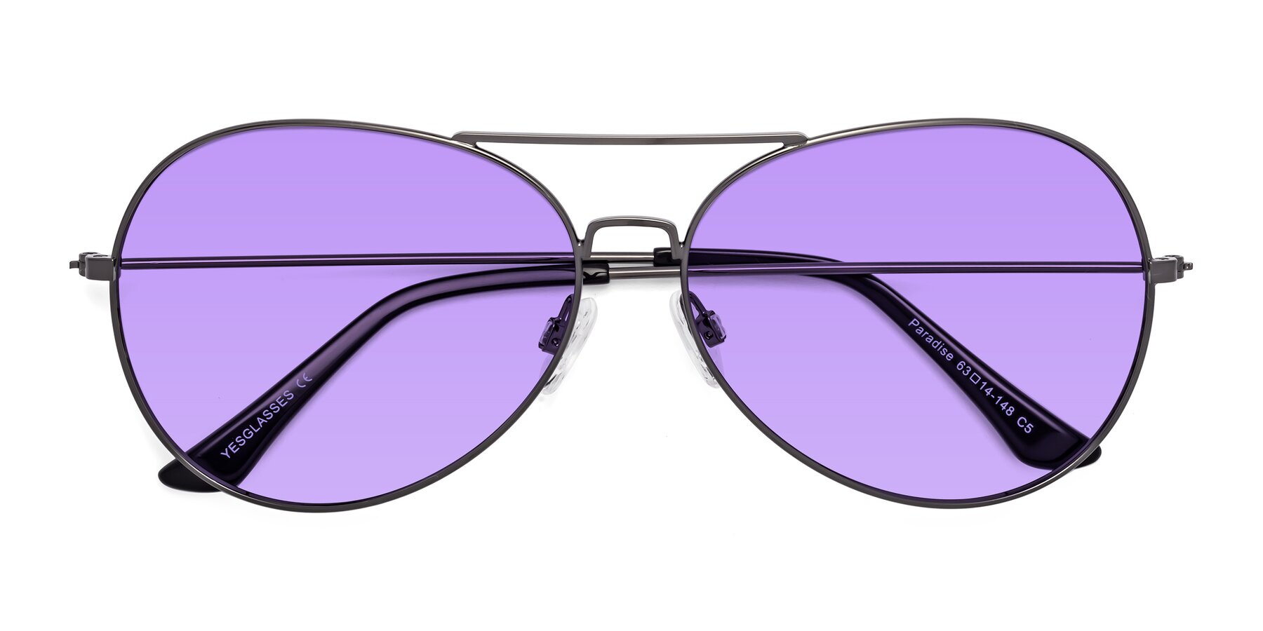 Folded Front of Paradise in Gunmetal with Medium Purple Tinted Lenses