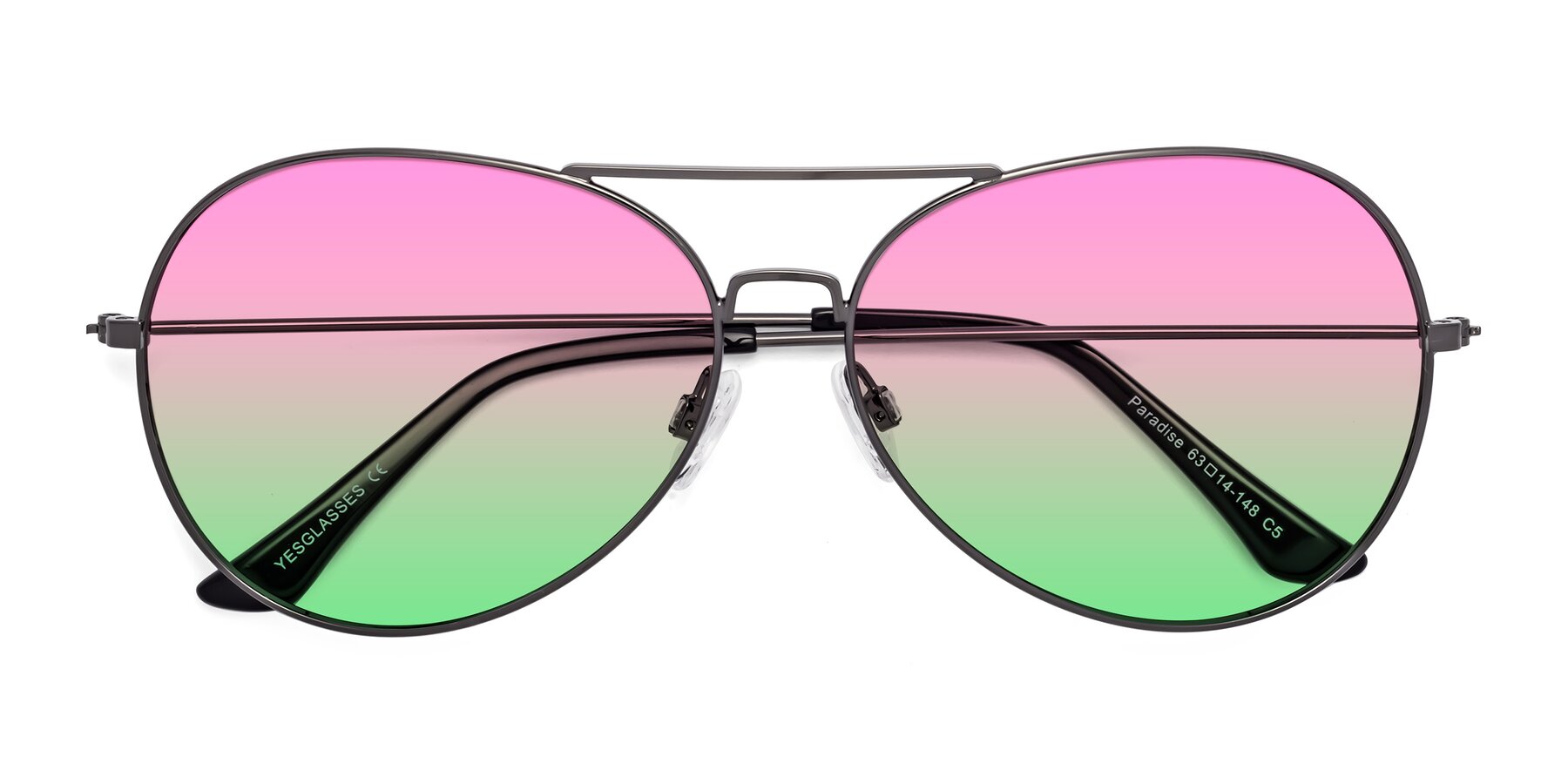 Folded Front of Paradise in Gunmetal with Pink / Green Gradient Lenses