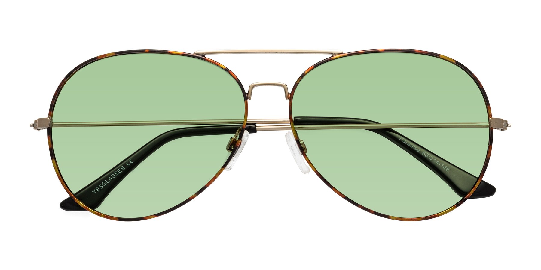 Folded Front of Paradise in Tortoise with Medium Green Tinted Lenses