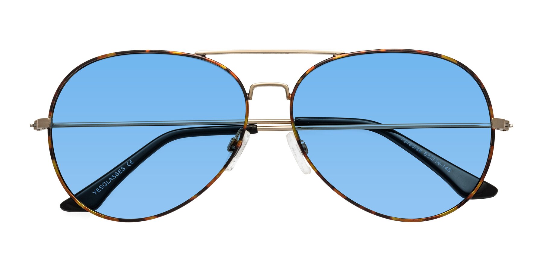 Folded Front of Paradise in Tortoise with Medium Blue Tinted Lenses