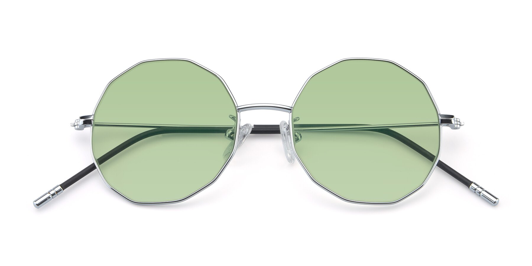 Folded Front of Dreamer in Silver with Medium Green Tinted Lenses