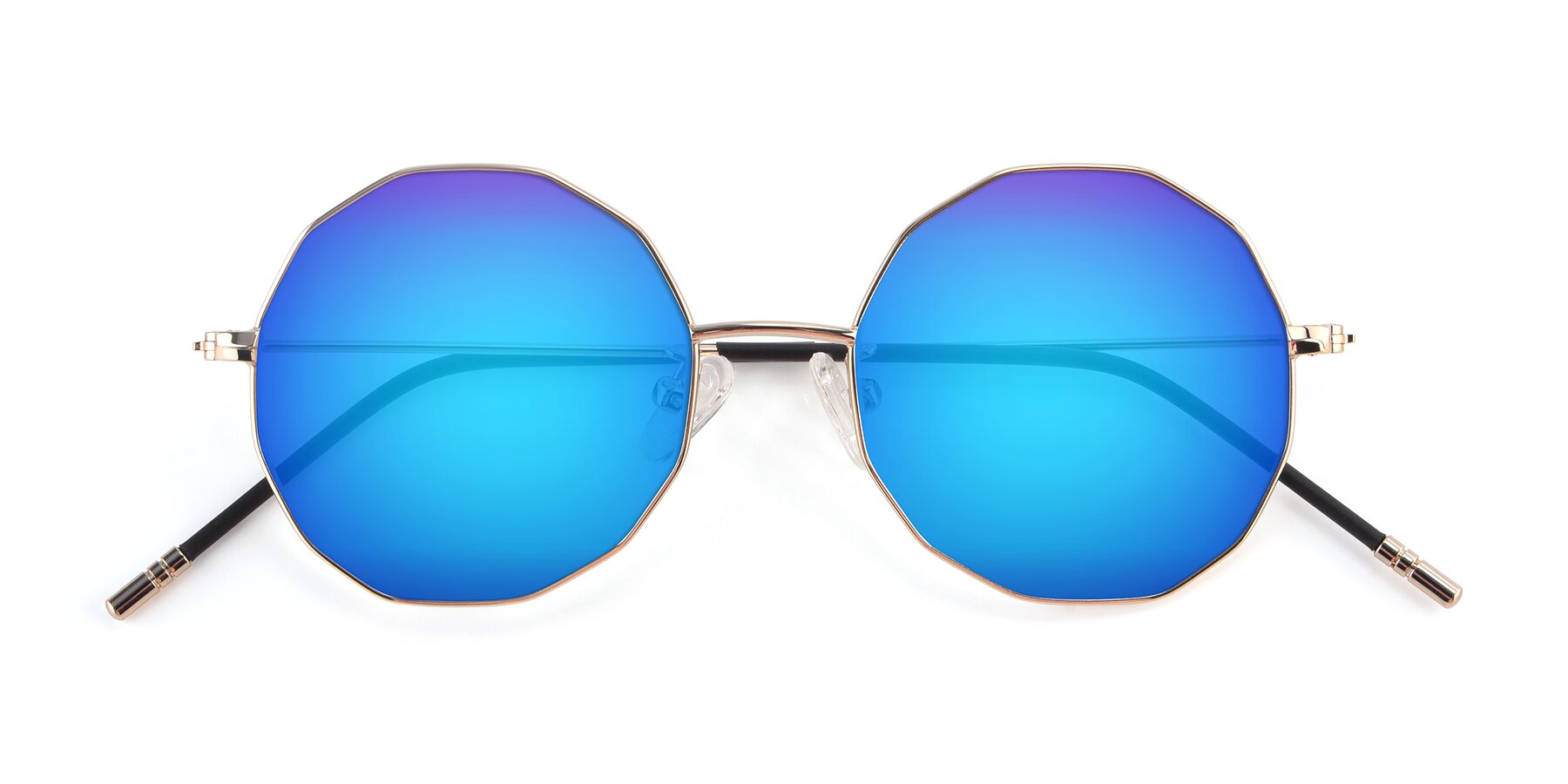 Folded Front of Dreamer in Gold with Blue Mirrored Lenses