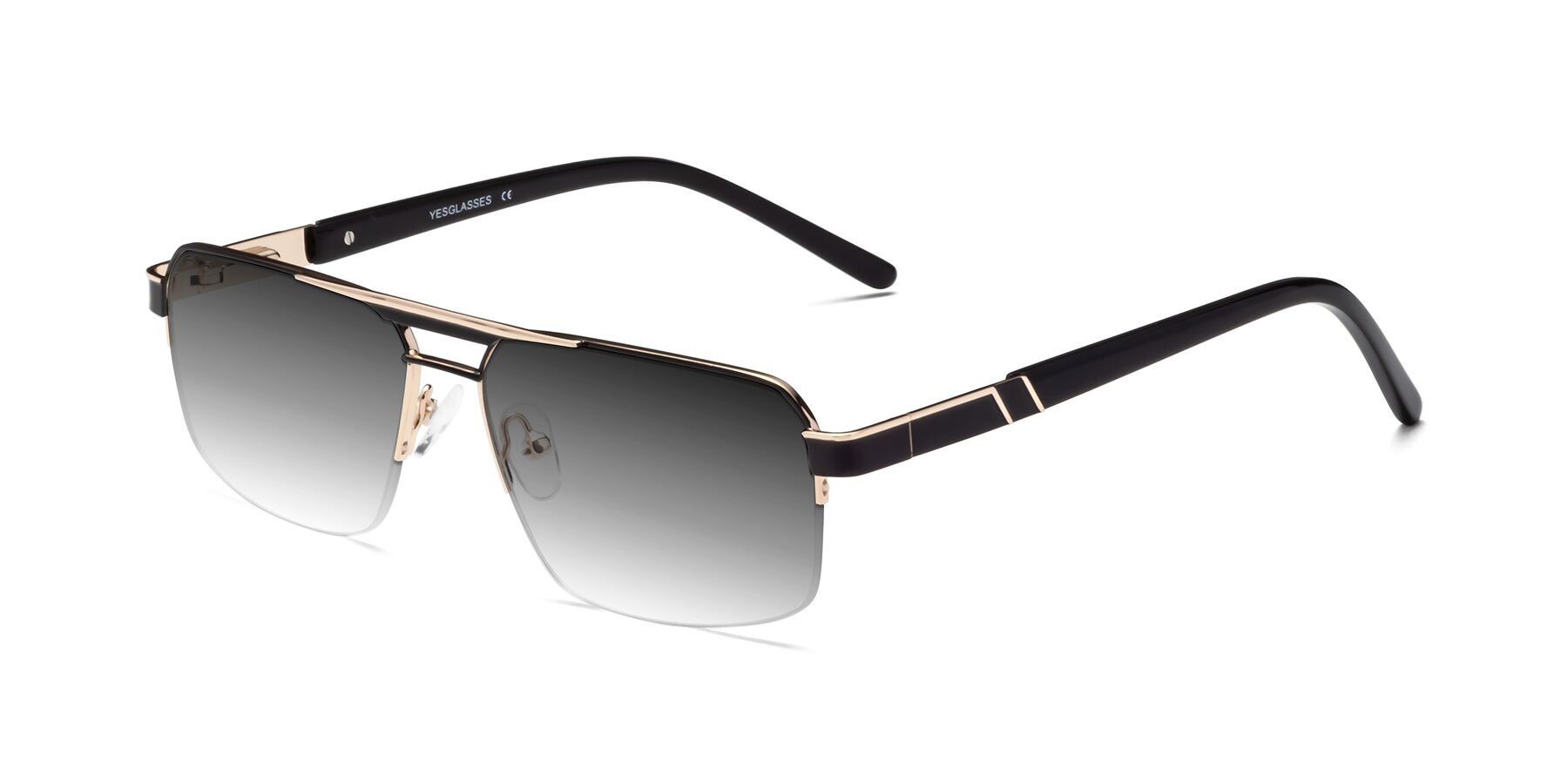Black-Gold Double Bridge Classic Semi-Rimless Gradient Sunglasses with Gray Sunwear Lenses