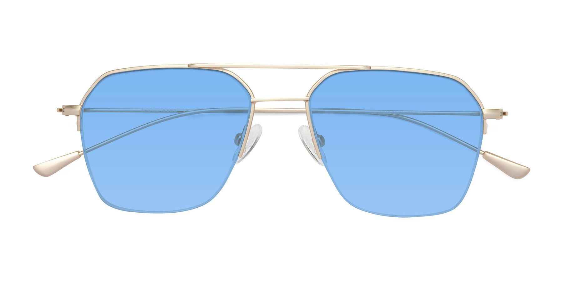 Folded Front of Largo in Jet Gold with Medium Blue Tinted Lenses
