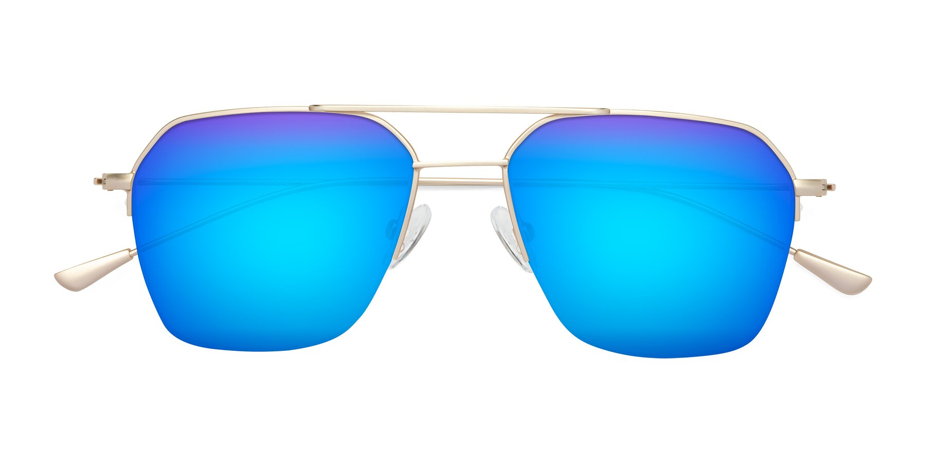 Folded Front of Largo in Jet Gold with Blue Mirrored Lenses
