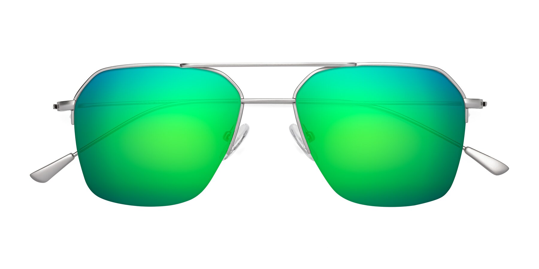 Folded Front of Largo in Silver with Green Mirrored Lenses