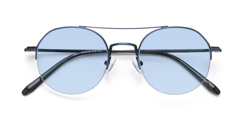 Blue Double Bridge Round Semi-Rimless Tinted Sunglasses with Light Blue ...