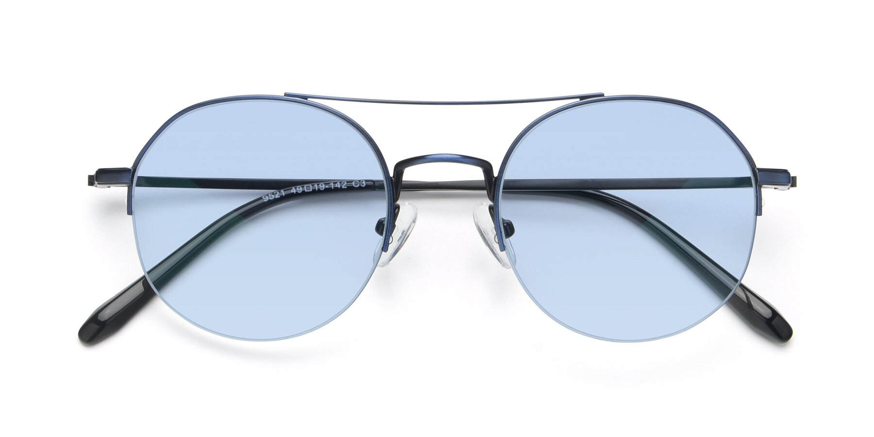 Blue Double Bridge Round Semi Rimless Tinted Sunglasses With Light Blue Sunwear Lenses 9521 