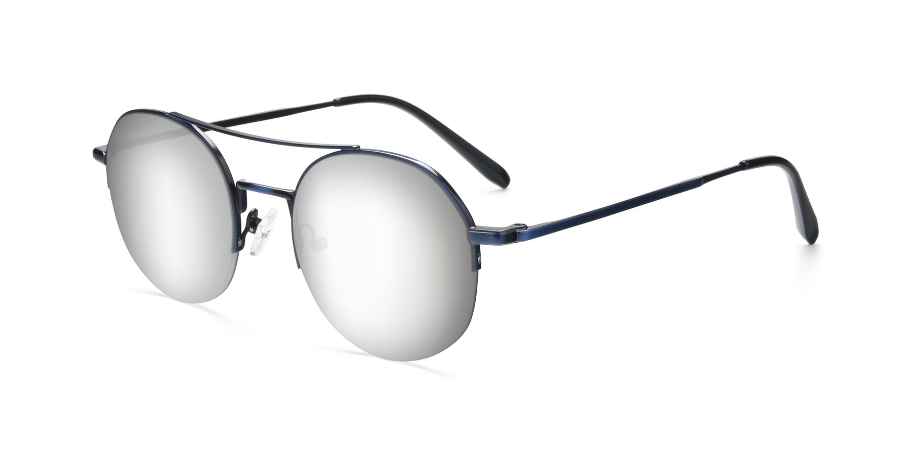 Blue Double Bridge Round Semi-Rimless Mirrored Sunglasses with Silver ...