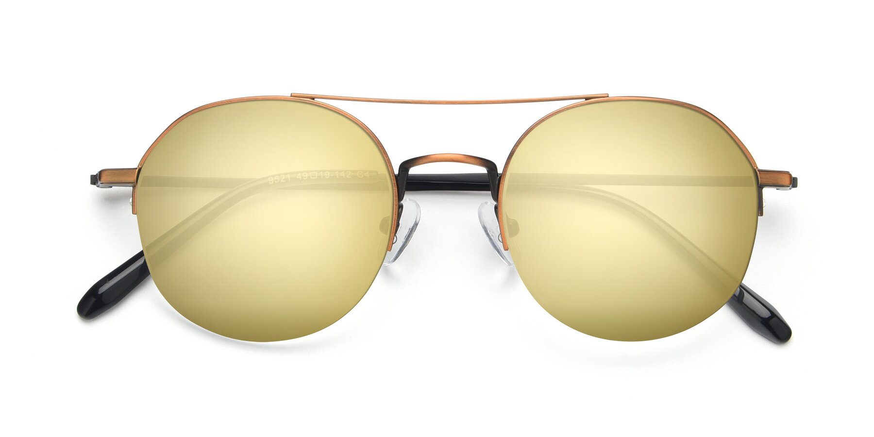 Bronze Double Bridge Round Semi-Rimless Mirrored Sunglasses with Gold ...
